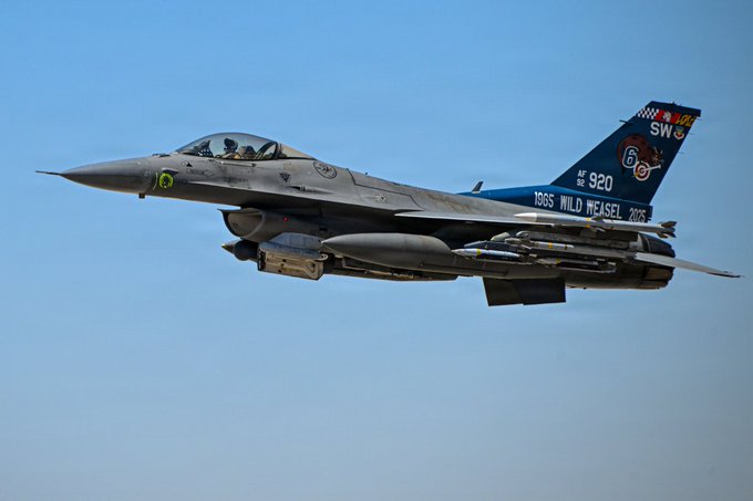 A U.S. Air Force F-16 fighter jet takes off from a base in the Middle East